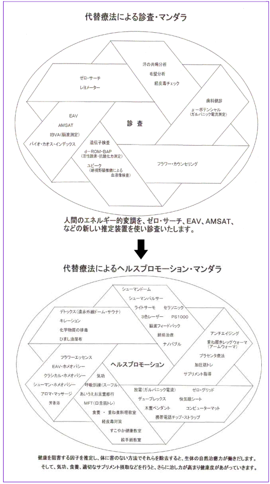 人間のエネルギー的変調を、ゼロ・サーチ、EAV、AMSAT、などの新しい推定装置を使い診査いたします。健康を阻害する因子を推定し、体に害のない方法でそれらを除去すると、生体の自然治癒力が働きだします。そして、気功、食養、適切なサプリメント摂取などを行うと、さらに治し力が高まり健康度があがっていきます。