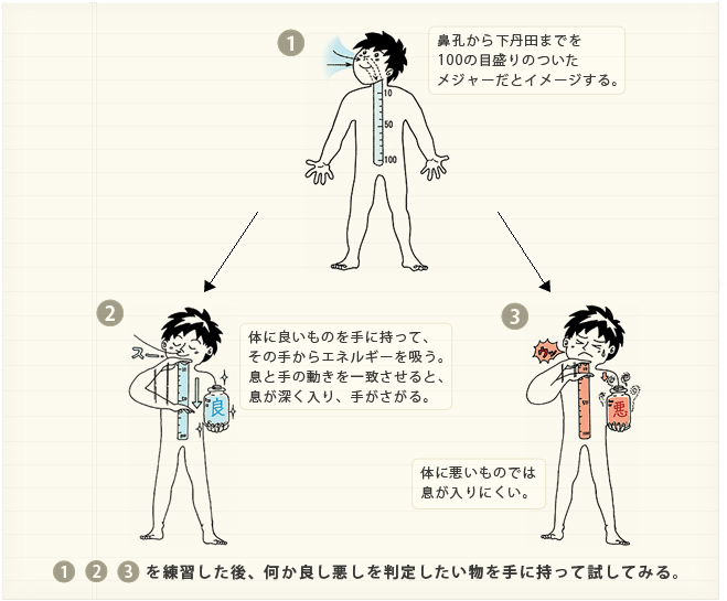 ①鼻孔から下丹田までを100の目盛りのついたメジャーだとイメージする。②体に良いものを手にもって、その手からエネルギーを吸う。息と手の動きを一致させると、息が深く入り、手がさがる。③体に悪いものでは息が入りにくい。①②③を練習した後、何か良し悪しを判定したいものを手に持って試してみる。