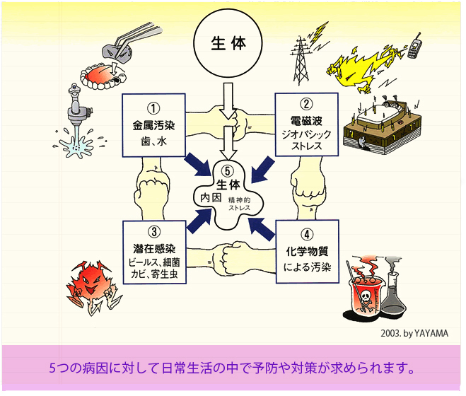 5つの病因に対して日常生活の中で予防や対策が求められます。